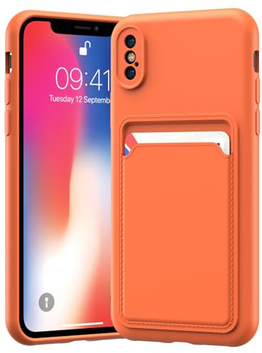 LVVFEI Custodia per iPhone X/iPhone XS 5,8 Pollic con Portacarte, Custodia in Silicone TPU Antiurto Integrata, Cover con Fessura per Carte di Credito Design Finitura Opaca, Arancione