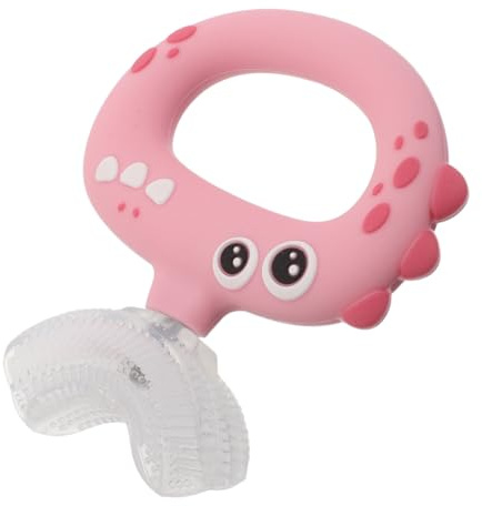 CLISPEED Brosse à Dents en Silicone pour Bébé 0-3, Forme Dinosaure Rose, Poils Souples pour Gencives Sensibles, Brosse à Dents Manuelle de U pour Tout-petit, Nettoyage Complet Bouche