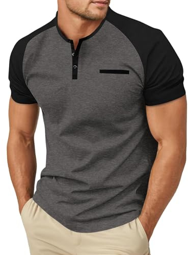 PrinStory Henley T Shirt Mens Summer Short Sleeve T-Shirts Casual Grandad T Shirt Crew Neck Basic Tops with Pocket