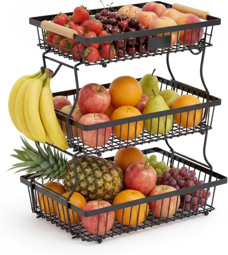 Eulihent Fruteros De Cocina Frutero 3 Pisos con 2 Soportes para Plátanos, Cesta para Almacenar Frutas, Cebollas, Patatas, Pan, Aperitivos y Verduras (Negro)