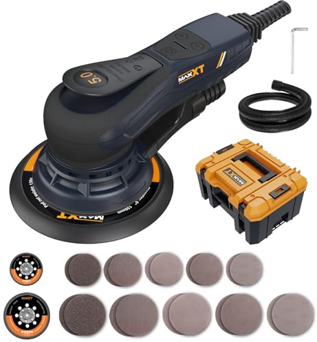 MAXXT 5.0mm Exzenterschleifer Brushless | 350W EC-Motor |150mm & 125mm Dual-Schleifplatte | 4000-10000 U/min | Spritzgussbox | Mit 20 Schleifpapieren für Holzarbeiten, Polieren