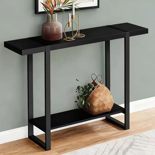 XGQXZWC Console Meuble en Bois Massif, Console Entree Étroite et Moderne, Table Basse Rectangulaire à Deux Niveaux avec Pieds en Fer Forgé, Style Campagnard(Black,80x25cm/31x10in)