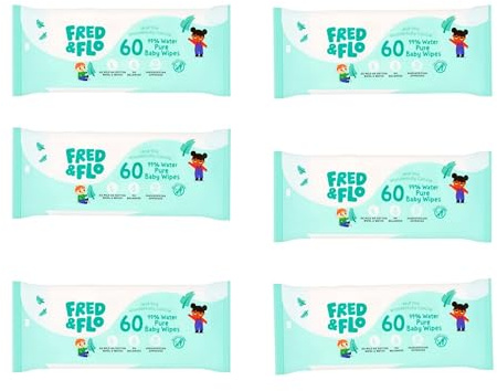Bizzal Fred & Flo 99% Pure Water Baby Wipes, pH Balanced, Paediatrician Approved, 60 Wipes per Pack, 6 Pack