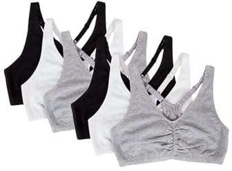 Fruit of the Loom Women's Shirred Front Sports Bra, Heather Grey/White/Black Hue, 40 (Pack of 6)