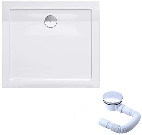 doporro Plato de ducha plano diseño Faro2W 80x90x4 de acrílico en blanco rectangular incl. válvula de desagüe adecuada para instalación a nivel del suelo y conexiones-DIN