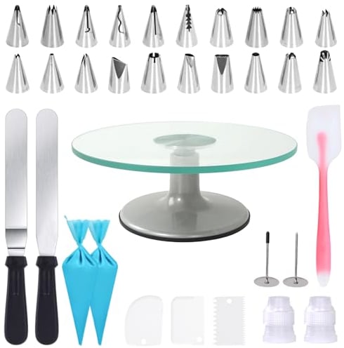 Uten Plato Giratorio para Tartas 12 Pulgadas Plato Giratorio para Pasteles de Vidrio,Kits de Decoración de Tartas con Boquilla, Espátula para Glaseado, Espátula para Crema de Mantequilla (33 Piezas)