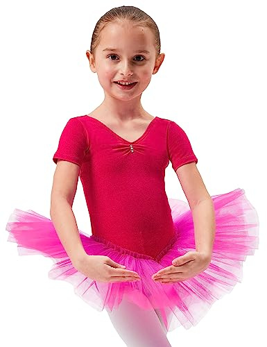 tanzmuster ® Ballettkleid Mädchen Tutu - Nele- aus weichem Baumwollstoff mit Glitzersteinen fürs Kinder Ballett Ballettbody Ballett Trikot, Pink 128-134