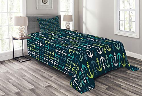 ABAKUHAUS Anker Tagesdecke Set, Maritime Segeln Reisen, Set mit Kissenbezügen Waschbar, für Einselbetten 170 x 220 cm, Dunkelblau Grün