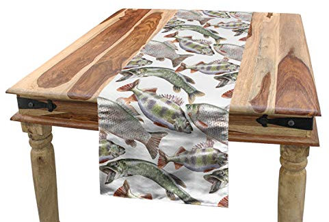 ABAKUHAUS Fische Tischläufer, Carp Perch und Bass, Esszimmer Küche Rechteckiger Dekorativer Tischläufer, 40 x 180 cm, Grau Grün
