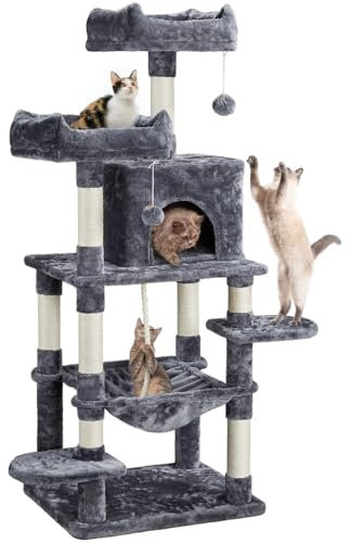 Yaheetech Albero Tiragraffi per Gatti Adulti Giocattolo in Corda Sisal Naturale Gioco 2 Palle 60 x 48,5 x 150 cm Grigio Scuro