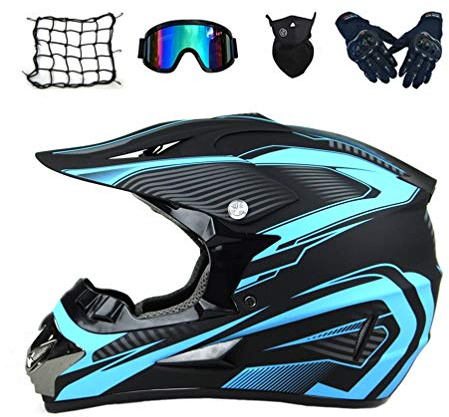 MRDEAR Motocross Helm Set (5 Stück/ Schwarz und Blau) Cross Helm mit Handschuhe Brille Maske Motorrad Netz, Crosshelm Motorradhelm Off Road Downhill Helm ATV Dirt Bike Pocket Bike Helm,L