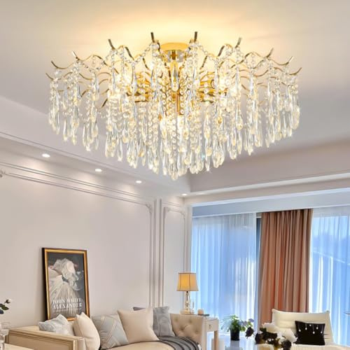 DOCJX Moderner Kronleuchter Kristall Gold K9 Kristall Pendelleuchte Mit E14 Fassungen Dimmen Für Wohnzimmer, Esszimmer, Schlafzimmer, Büro – Elegante Hängeleuchte Hochwertige Eisen & Kristall