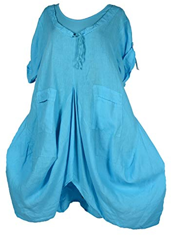 Damen Lagenlook Ballon Leinen Sommer Kleid Tunika Long Shirt assymetrisch 40 42 44 46 48 M L XL XXL XXXL Türkis Blau Strand Urlaub zu Bolero Jacke (48)