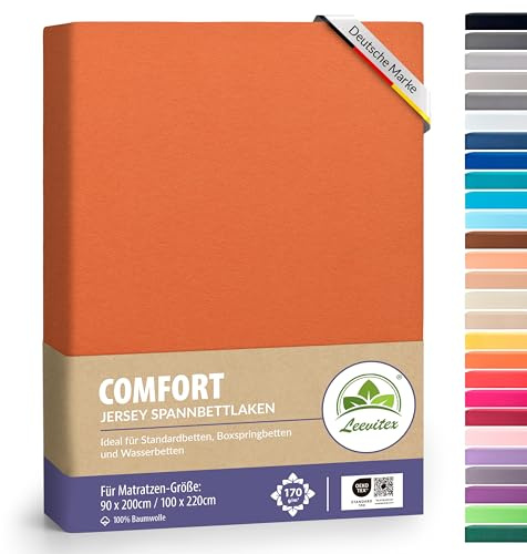 leevitex® Premium Spannbettlaken 90x200-100x220 cm - 40 cm Steg - auch für Boxspringbett & Wasserbett | 100% Mako-Jersey-Baumwolle | ÖKO-TEX | 170g/m² | Terrakotta/Dunkelorange