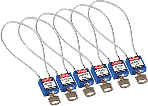 Brady Candado de Cable Compacto Paquete de 6 - Bloqueo de Seguridad Lockout Tagout - Candado de Seguridad - Llaves Diferentes - 32mm x 35mm x 16mm - Longitud del Cable 400mm, Azul