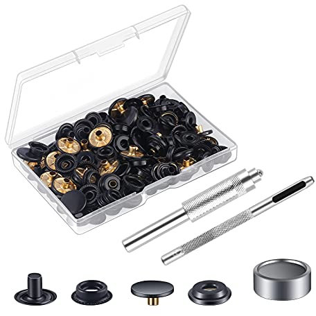 MSDADA 25 Sätze Druckknöpfe Set, Schwarz Button Werkzeug Metall Fastener Druckknopf Schraubbar Edelstahl Muttern und Bolzen Set für Kleidung Leder Handwerk Jacke Brieftasche Handtasche(100 Stück)