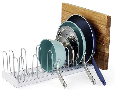 YouCopia StoreMore Expandable Pan and Lid Rack, Adjustable Pot Lid Organizer for Kitchen Storage, 12.5”-22” Wide,White