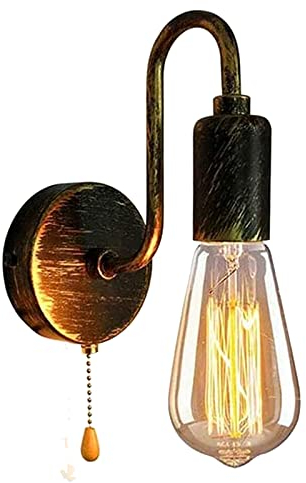 E27 Vintage Wandleuchte Innen mit Schalter, Schwarz Retro Industrial Wandlampe mit Zugschalter Wandspot Lampe Leseleuchten Nachttischlampe Gold Metall Wandbeleuchtung für Schlafzimmer Wohnzimmer Loft
