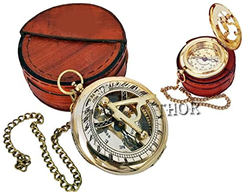 Wunderschöner Messing-Sonnenuhr-Kompass mit braunem Ledergehäuse und Kette, zum Öffnen des Kompasss, Camping, Wandern, Steampunk, Zubehör, Messing-Finish, Valentinstag, handgefertigtes Geschenk