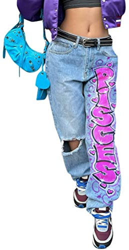 ORANDESIGNE Jeans Lunghi per Donna Alta Vita Jeans per Ragazza Tasche Laterali Strappati Pants Jeans Sfrangiati Larghi Pantaloni di Primavera/Autunno Tinta Unita ZA Rose L