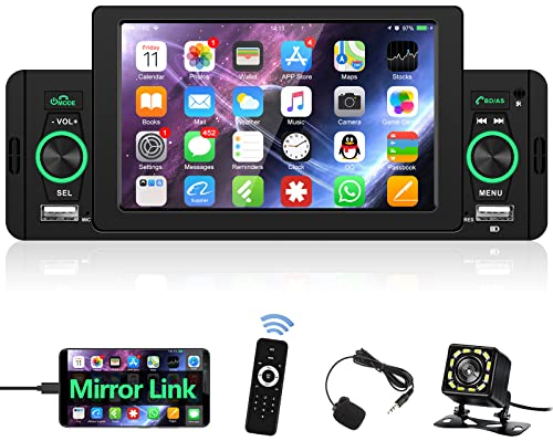 Podofo 1 Din Autoradio mit Bluetooth Freisprechfunktion, 5 Zoll HD-Touch-Bildschirm Auto Multimedia Player mit Lenkradkontrolle/Spiegellink/Dual-USB/FM+Rückfahrkamera+Mikrofon