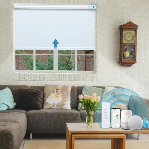 JaeJaes Motorized Roller Shades with Remote, Cordless Automatic Window Shades,Compatible with Alexa and Google Home（White, 35 W x 72 H）