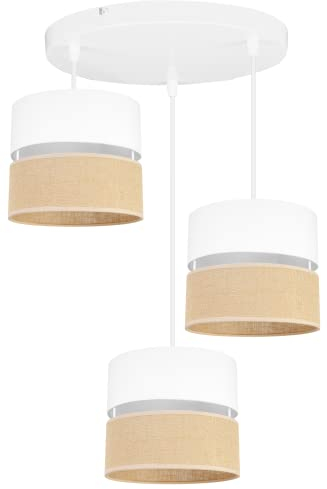 Light-Home Juta Hängelampe - Deckenlampe - Pendelleuchte aus Metall mit Lampenschirm aus Stoff - E27 - Oval 3-Flammig 20 cm - Weiß Untersatz - Jute Weiß