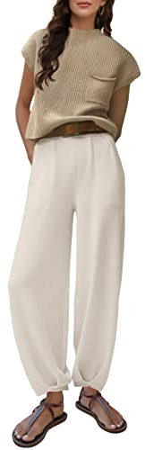 Ailoqing 2-teiliges Damen-Outfit, Pullover-Set, Strickpullover, Tops, Hose mit hoher Taille, Lounge-Sets, Weiss/opulenter Garten, L