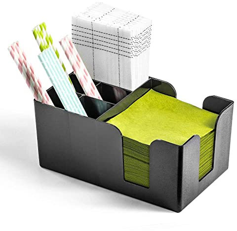 Forgast Bar-Caddy aus Kunststoff | schwarz | 6 Fächer | für Bar-Organizer | Strohhalm-Organizer für Restaurant | Serviettenhalter| Strohhalm-Halter | Cocktail-Servietten und Zubehör