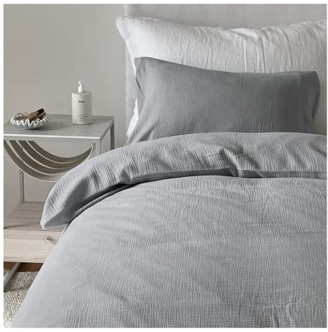 von Herzen Musselin Bettwäsche I weiche Bettwäsche I 100% Baumwolle I Bezug für Bettdecke + Kissen I Bettwäscheset mit Reißverschluss für Erwachsene I handgenäht I Hellgrau 155x220 / 80x80