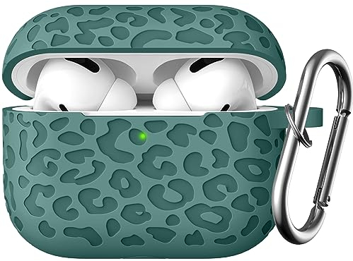 Easuny Gravierte Hülle Kompatibel mit AirPods Pro 2 Hülle 2022, Silikon Schutzhülle Kompatibel für Apple AirPods Pro 2nd/1st Generation Case, mit Karabiner [Front-LED Sichtbar], Léopard Kieferngrün