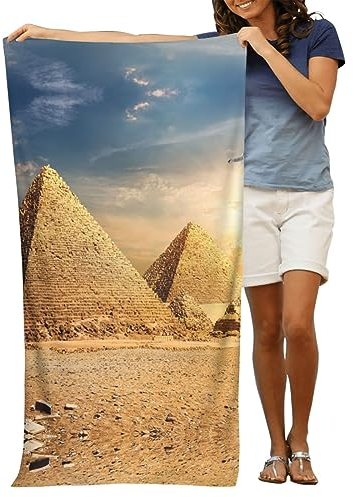Mikrofaser-Badetuch mit ägyptischer Pyramide in Wüste (80 x 130 cm), Badetücher, Strandtücher, sehr saugfähiges und schnell trocknendes Badetuch, mehrfarbig, Badetuch, Fitnessstudio, große Weichheit,