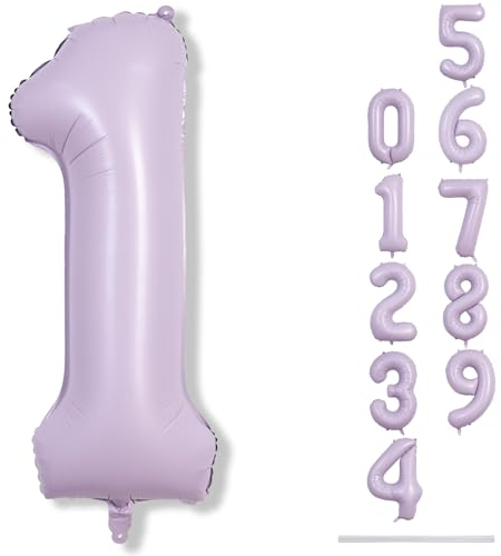 Palloncino a forma di numeri lilla, 101 cm, grande, viola pastello, numero 1, 40 pollici, colore lilla chiaro, 1 palloncino a elio, 1° compleanno, per 1 anno, per ragazze, baby shower, compleanno,