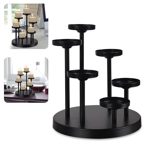 yucanucax 6arms Tea Candle Holder Tray, Metal Black Candlestick Holder, Candle Holders Set of 6 padk Tea Candle Light, for Dining Room, Table Centerpiece Decor,Decorative Tray…
