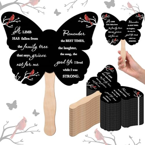 Beeveer 50 Pcs Funeral Handheld Fan Bulk Butterfly Memorial Black Paper Fan Red Cardinal Double Sided Printing for Funeral Services Condolence Sympathy Gifts