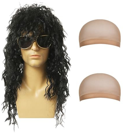 AYNKH 70er 80er Jahre Heavy Metal Disco Perücke für Halloween Kostüme - Rocking Dude Hard Rocker Lange Lockige Schwarz Kostüm Zubehör - Vintage Rock Star