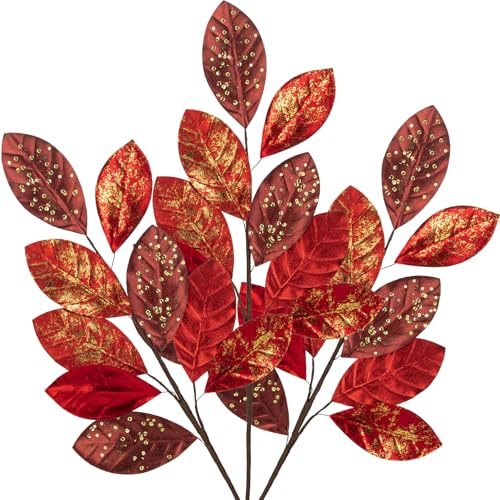 Künstliche Weihnachtszweige mit Glitzer – 3er Set | 60 cm Dekozweige in Rot - Gold | Kunstzweige Weihnachtsblätter für Festliche Weihnachtsdeko, Vasen, Kränze & Tischgestecke
