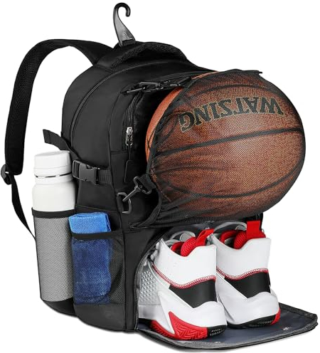 Basketball Rucksack mit Ballnetz, Fussball Rucksack, Rucksack Wasserdicht, Laptop Rucksack 15.6 Zoll, Sportrucksack mit Separatem Belüftetem Schuhfach, für Basketball, Fußball, Volleyball (Schwarz)