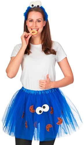Keks Cookie Krümelmonster Kostüm – Blauer Tüllrock für Damen mit Keksen und Augen, 45 cm Länge, Verstellbarer Bund für Fasching, Mottopartys und Showauftritte