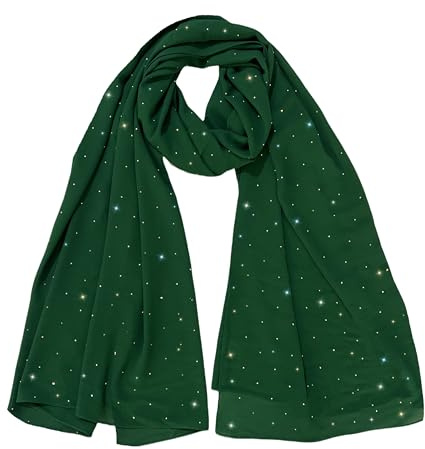 Lina & Lily Sparkle Rhinestones Women's Chiffon Scarf Shawl Head Wrap Hijab Sheer Lightweight (Dark Green)