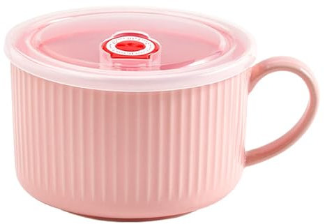 Jarsense Cuenco de sopa con asa, cuenco de ramen de 1000 ml con tapa, cuenco portátil de cerámica para cereales y fideos para microondas, ensalada, color rosa