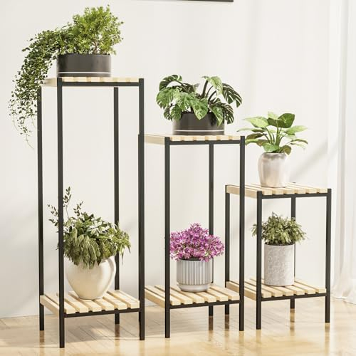[en.casa] Blumenständer Pelkosenniemi 3er Set Pflanzenständer Blumenhocker Holz Metall Schwarz Blumensäule Blumentisch Indoor Pflanzenregal