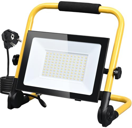 MOLVCE Led Baustrahler 100W 6000K 8500LM Kaltweiß, Led Arbeitsleuchte mit Stecker, IP66 Wasserdicht Baustellenlampe mit Stativ und 3 Meter Kabel für Baustelle, Garage, Werkstatt, Sportplatz