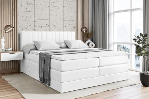 ALTDECOR Boxspringbett mit Matratze und Lattenrost, Topper, Polsterbett mit Bettkasten, Bett mit Stauraum H3- und H4- Matratze, Doppelbett, Springboxbett -Edita King - 180x200 - Weiß Kunstleder