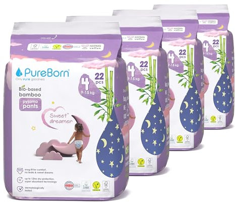 PureBorn Bio Bambus Nachtwindeln, Größe 4 (9-15 kg), 88 (4x22) Stück Pyjama Windeln Pants, Auslaufschutz für die ganze Nacht, Extra Absorption, Geruchsschutz, Höschenwindeln mit Nässeindikator