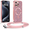 Phoona handyband Hülle für iPhone 15 Pro mit Band, Glitzer Handyhülle Kompatibel mit MagSafe, Ganzkörperschutz Kratzfeste Stossfest Schutzhülle mit Einstellbar Kette, Rosa