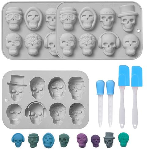 RAFIYU 7 Stück Schokoladenform Silikon, Skull Eiswürfelformen, Halloween Silikonform Backformen, Totenkopf Schokoladenform für Süßigkeiten Gelee Pralinen Eiswürfel Antihaft mit 2 Pipetten 2 Schaber