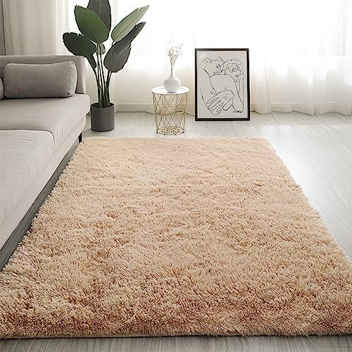 Swsen Teppich Wohnzimmer Super Weich - Shaggy Teppiche Flauschig Anti-Rutsch Unterseite - Moderner Carpet Waschbar Langflor Hochflor Teppiche 200x200cm, Beige
