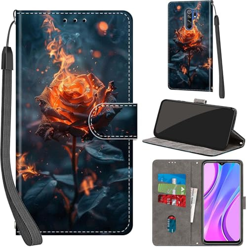 PHINIENLAND Coque pour Xiaomi Redmi 9 Portefeuille Flamme | 3 emplacements cartes, 1 poche billets, Fermeture magnétique, Fonction support, Étui de protection pour Xiaomi Poco M2