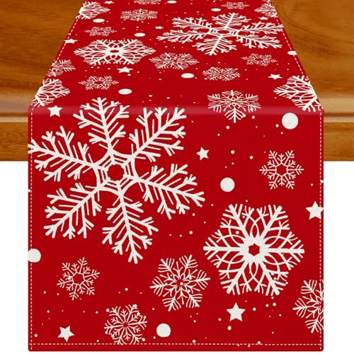 Jayusaror Tischläufer Weihnachten Rot und Weiß Tischdecke Schneeflocken Weihnachtstischläufer Weihnachts Tischläufer Tischdeko für Urlaub Party 33 x 183 cm